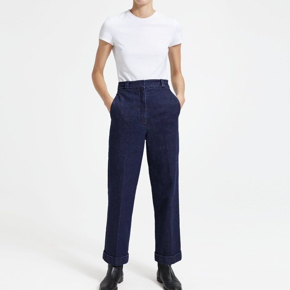 Theory Structured Denim Straight Cuff Pant Indigo Dark Blue 10 High Rise NWT